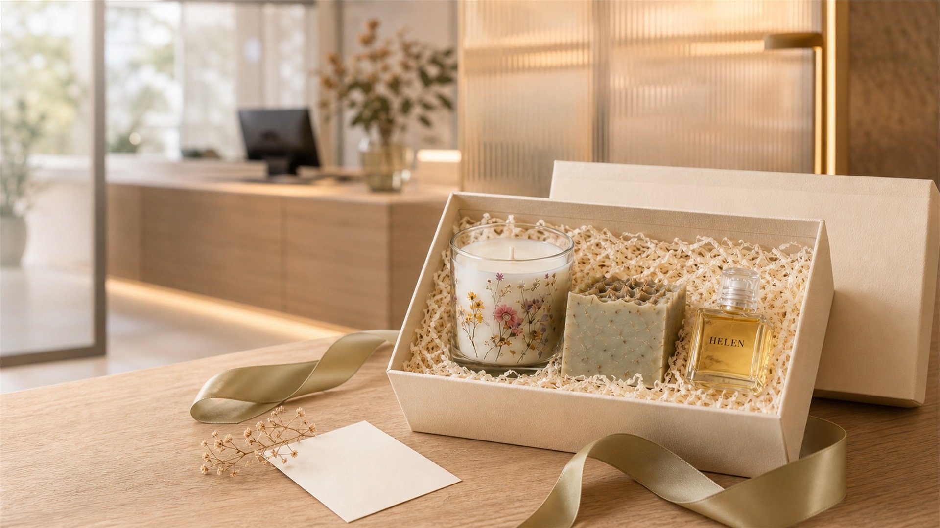 Kit de regalo corporativo Helen: vela, jabón y esencia en caja elegante